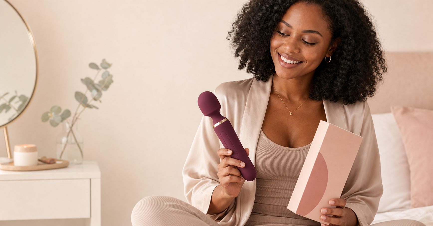 Confident adult woman holding a discreet We Wand wellness product