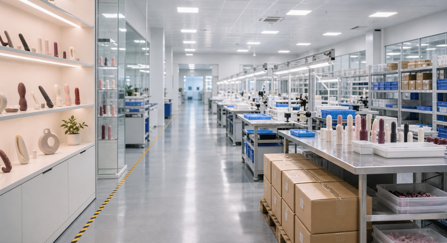 Clean spacious factory interior for organized wellness product production