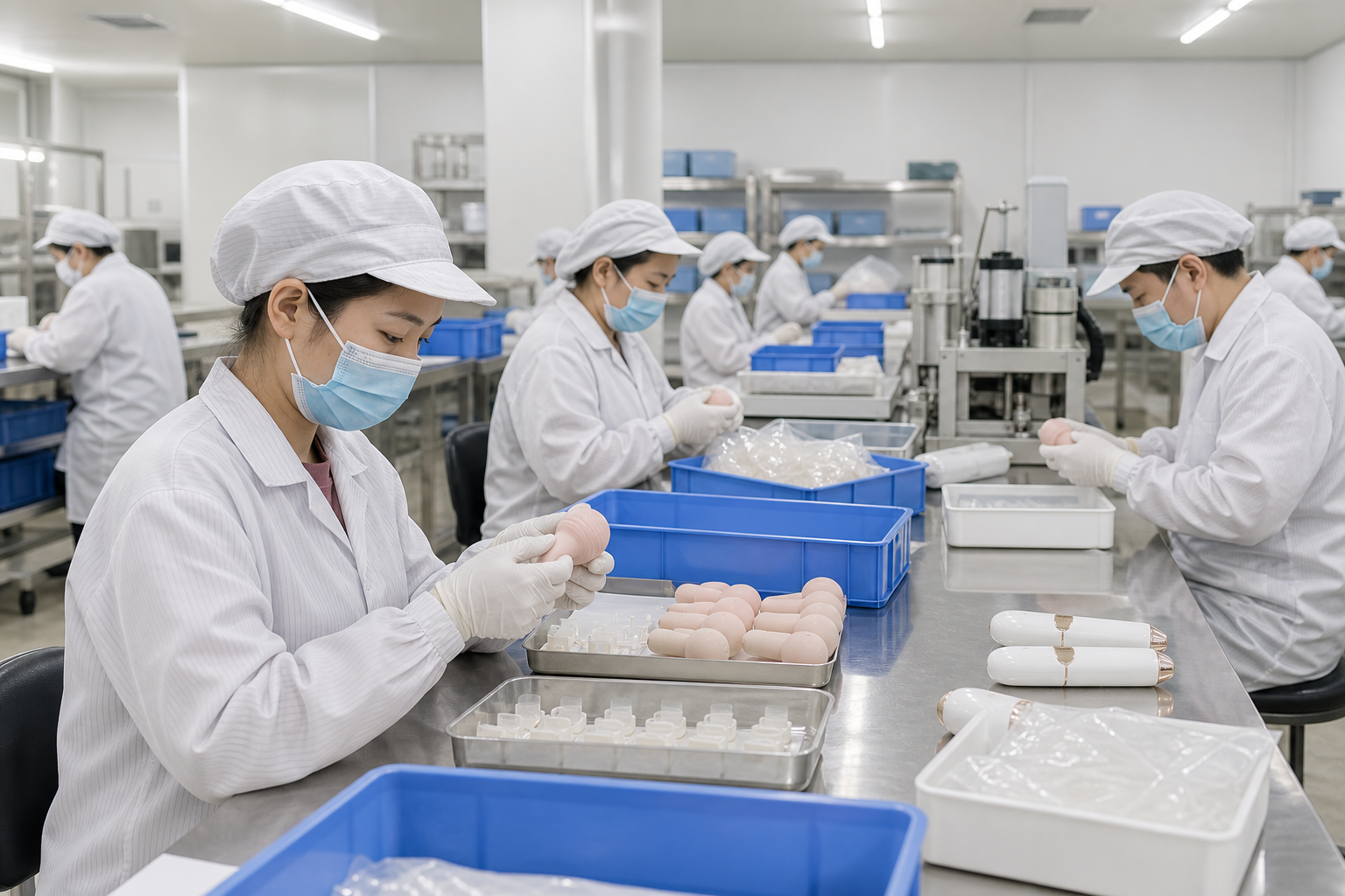 Workshop workers wearing caps masks and gloves while assembling and inspecting products