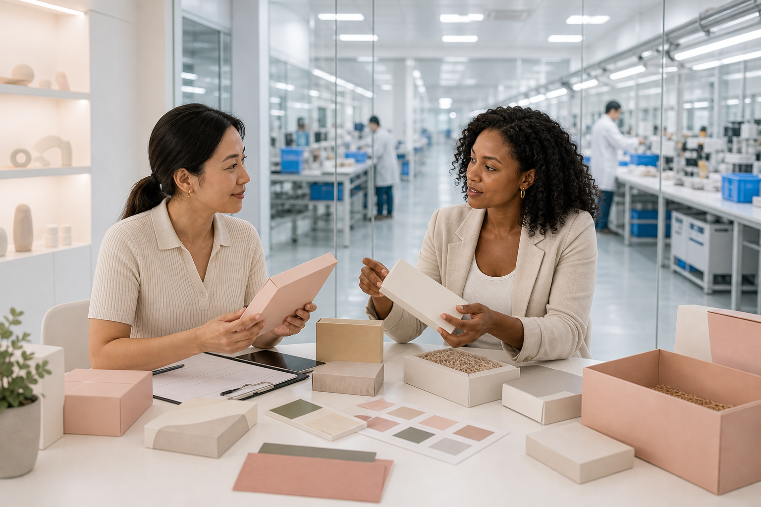 Small business wholesale partnership discussion with neutral packaging samples