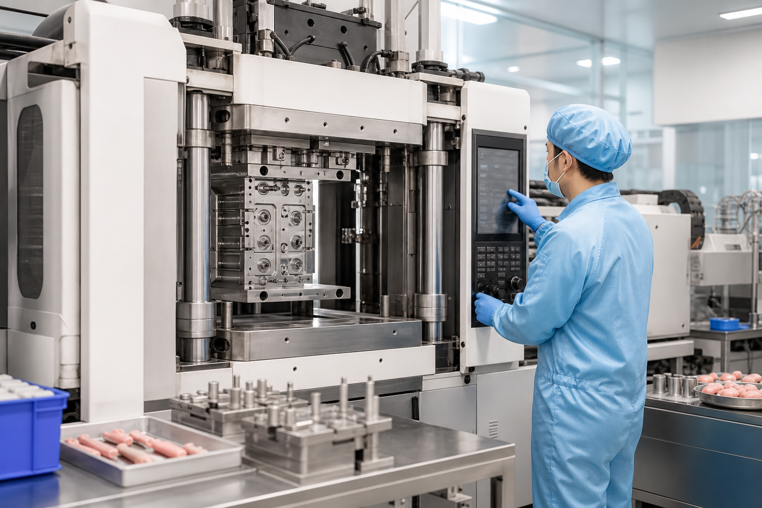 Technician adjusting parameters on a silicone molding machine