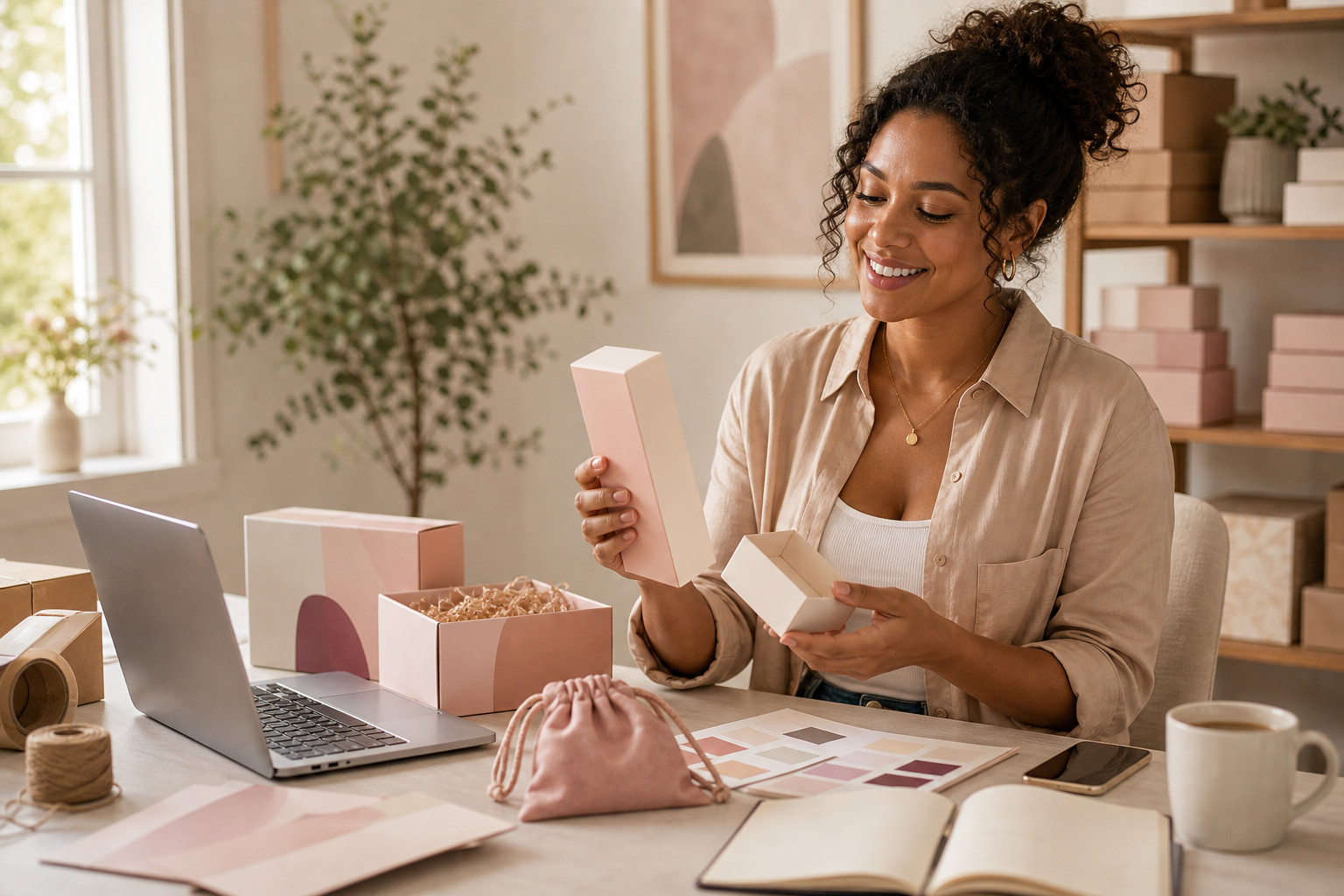 A small business owner preparing neutral packaging for wholesale products