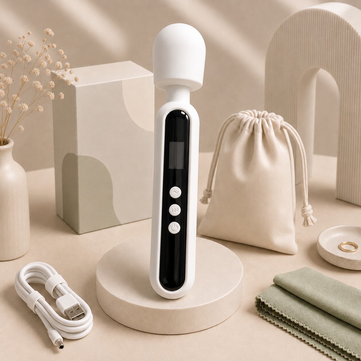 We Wand White LCD Rechargeable Wand Massager warm premium ecommerce product photo
