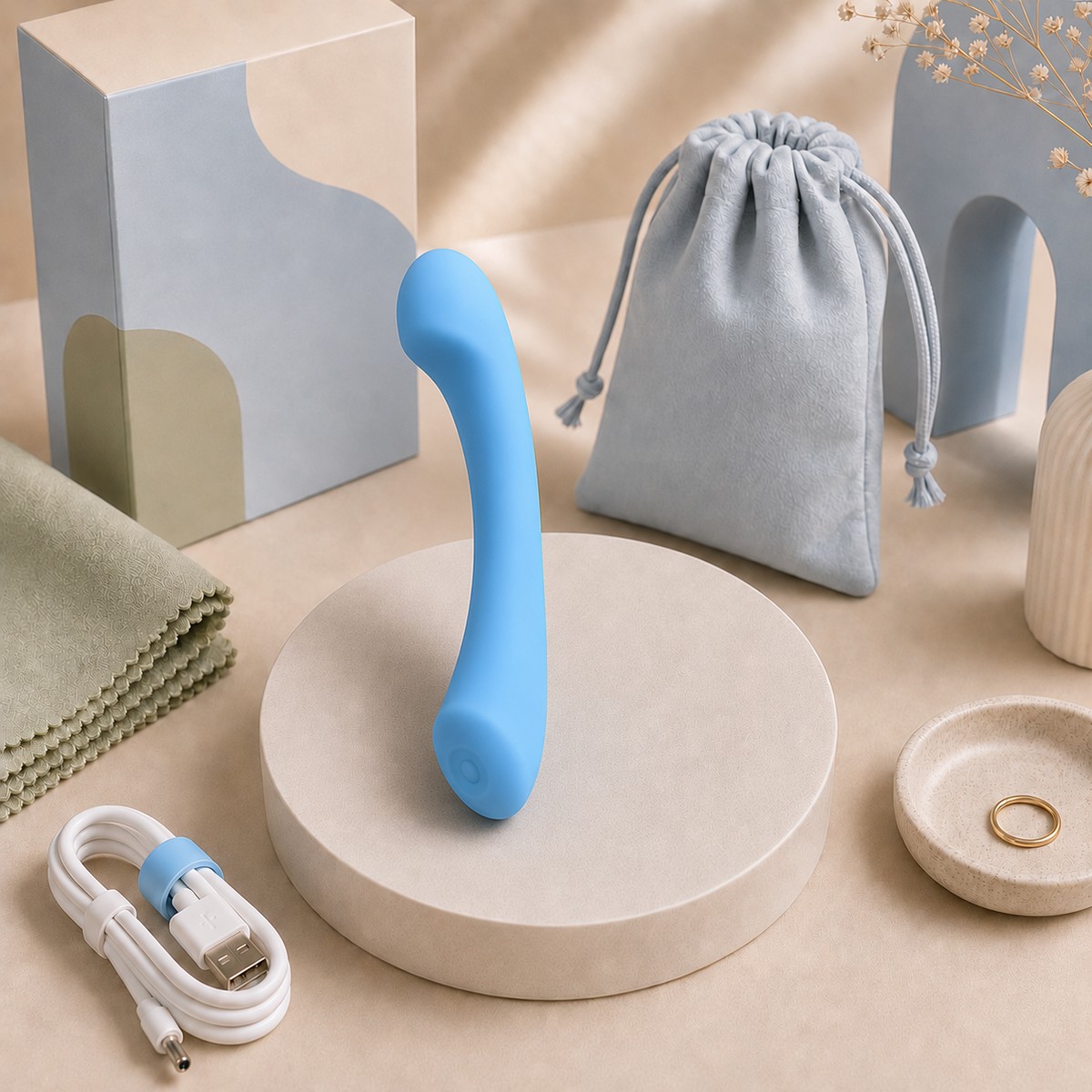 We Wand Sky Blue Curved Ergonomic Massager warm premium ecommerce product photo