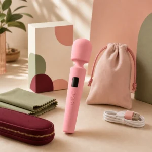 We Wand mini digital display wand vibrator warm premium ecommerce product photo with pouch box cable and soft fabric