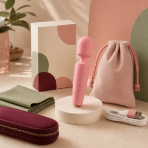 We Wand mini rechargeable wand vibrator warm premium ecommerce product photo with pouch box cable and soft fabric