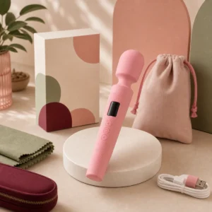 We Wand medium digital display wand vibrator warm premium ecommerce product photo with pouch box cable and soft fabric