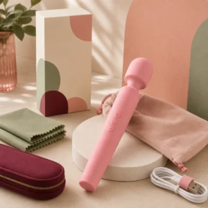 We Wand medium rechargeable wand vibrator warm premium ecommerce product photo with pouch box cable and soft fabric