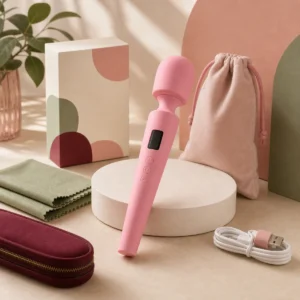 We Wand large digital display wand vibrator warm premium ecommerce product photo with pouch box cable and soft fabric