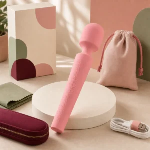 We Wand large rechargeable wand vibrator warm premium ecommerce product photo with pouch box cable and soft fabric