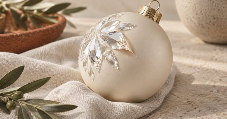 AI concept illustration of a crystal decoration lifting at the edge of a curved Christmas ornament; not a photograph of the actual case.