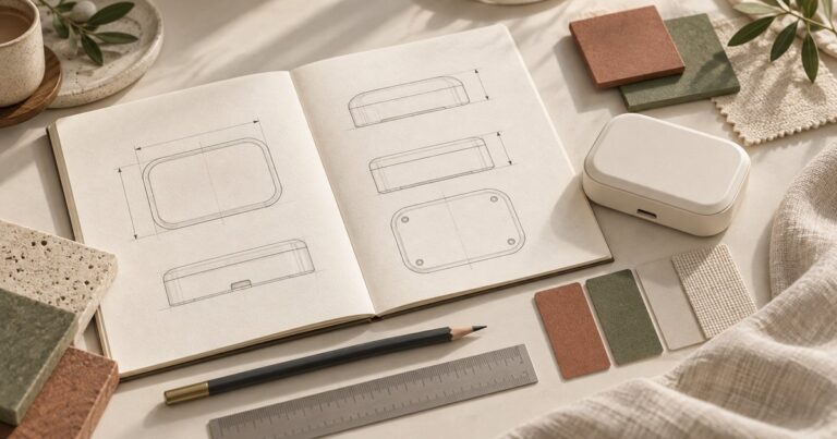 AI concept illustration of a product brief with outline drawings, dimension arrows, a sample enclosure and material swatches.