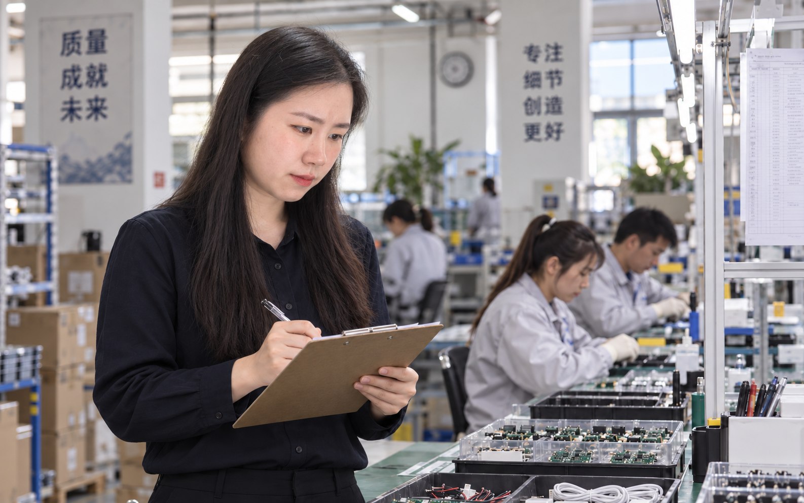 Illustrative placeholder: checking a product sample and production details at a factory.
