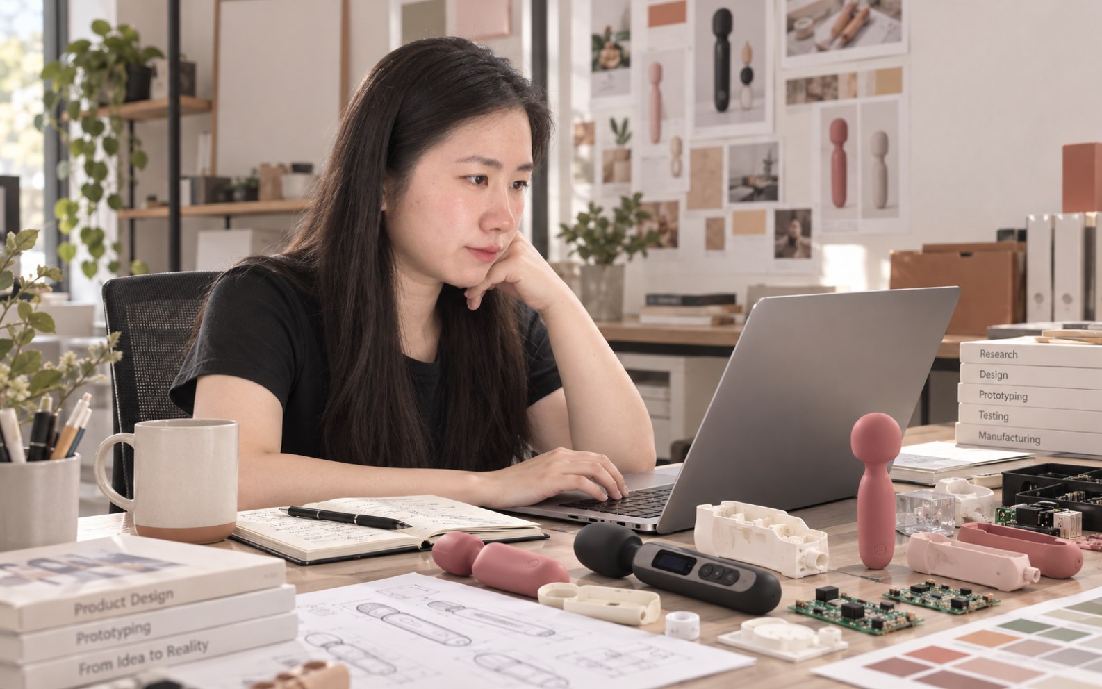 Illustrative placeholder: reviewing samples and project documents at a work desk.
