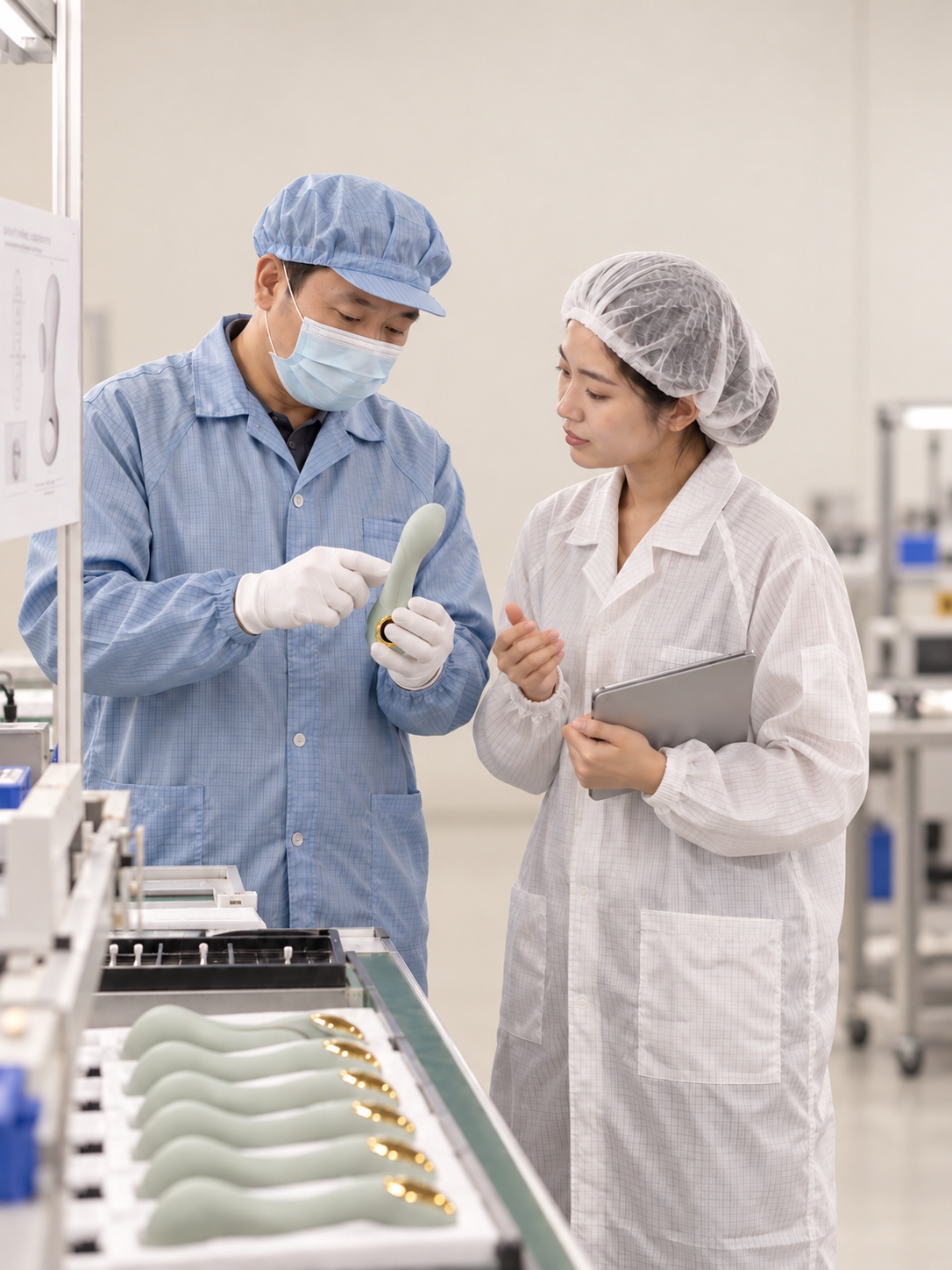Two workers inspecting an adult toy beside a production line