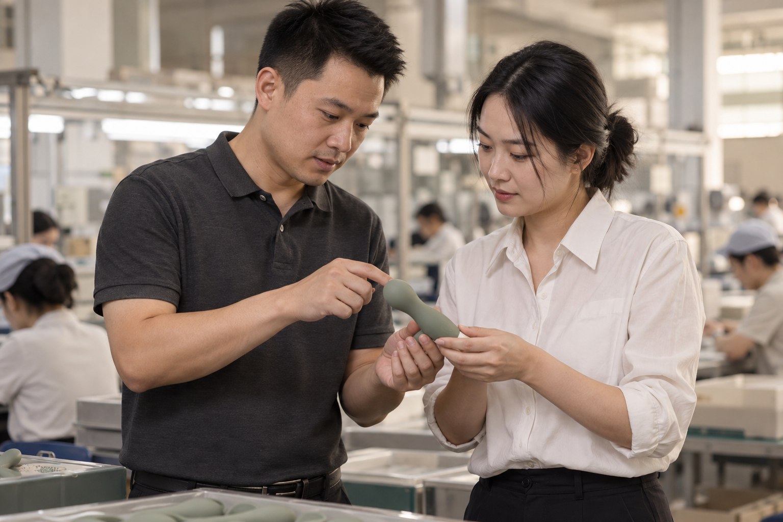 China-side project manager and factory contact checking a product together
