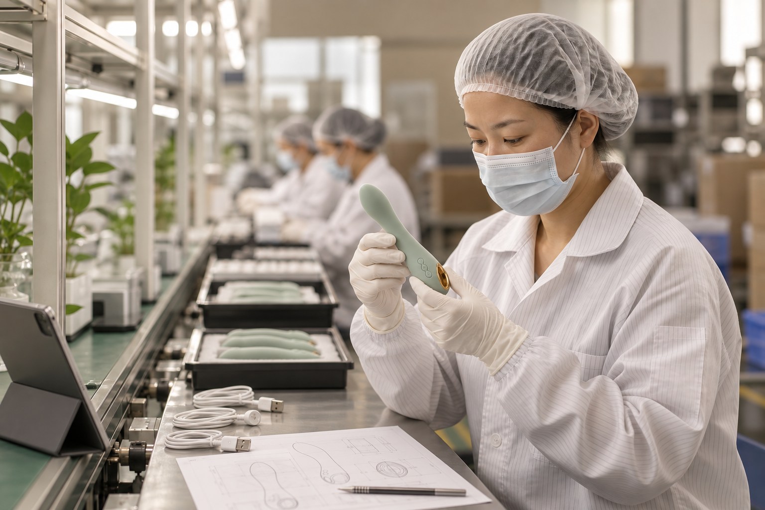 Quality staff inspecting a product beside a clean production line