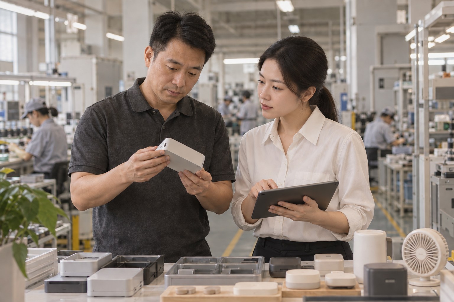 Project manager and factory contact reviewing a product and tablet on site