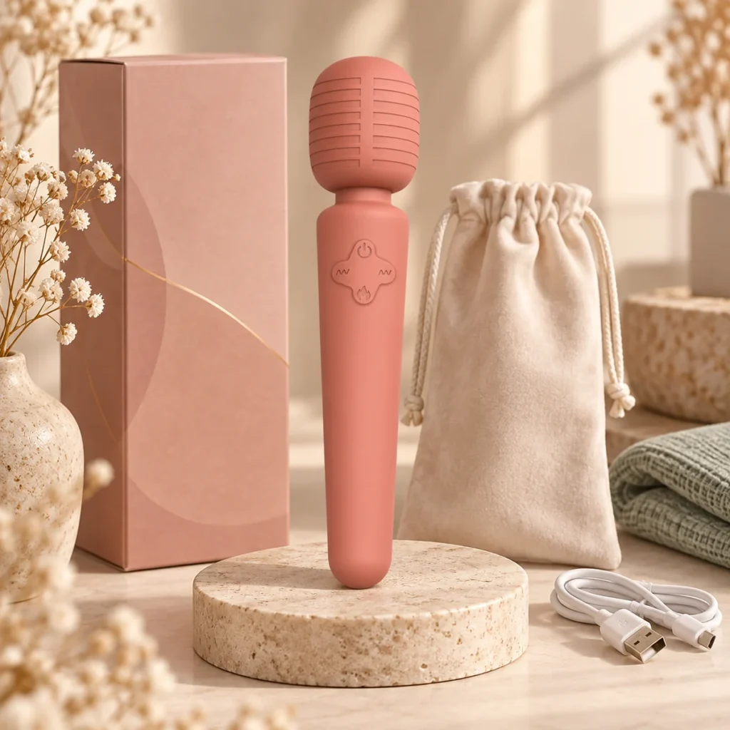 We Wand Rose Ribbed Rechargeable Wand Massager warm premium ecommerce product photo for We Wand