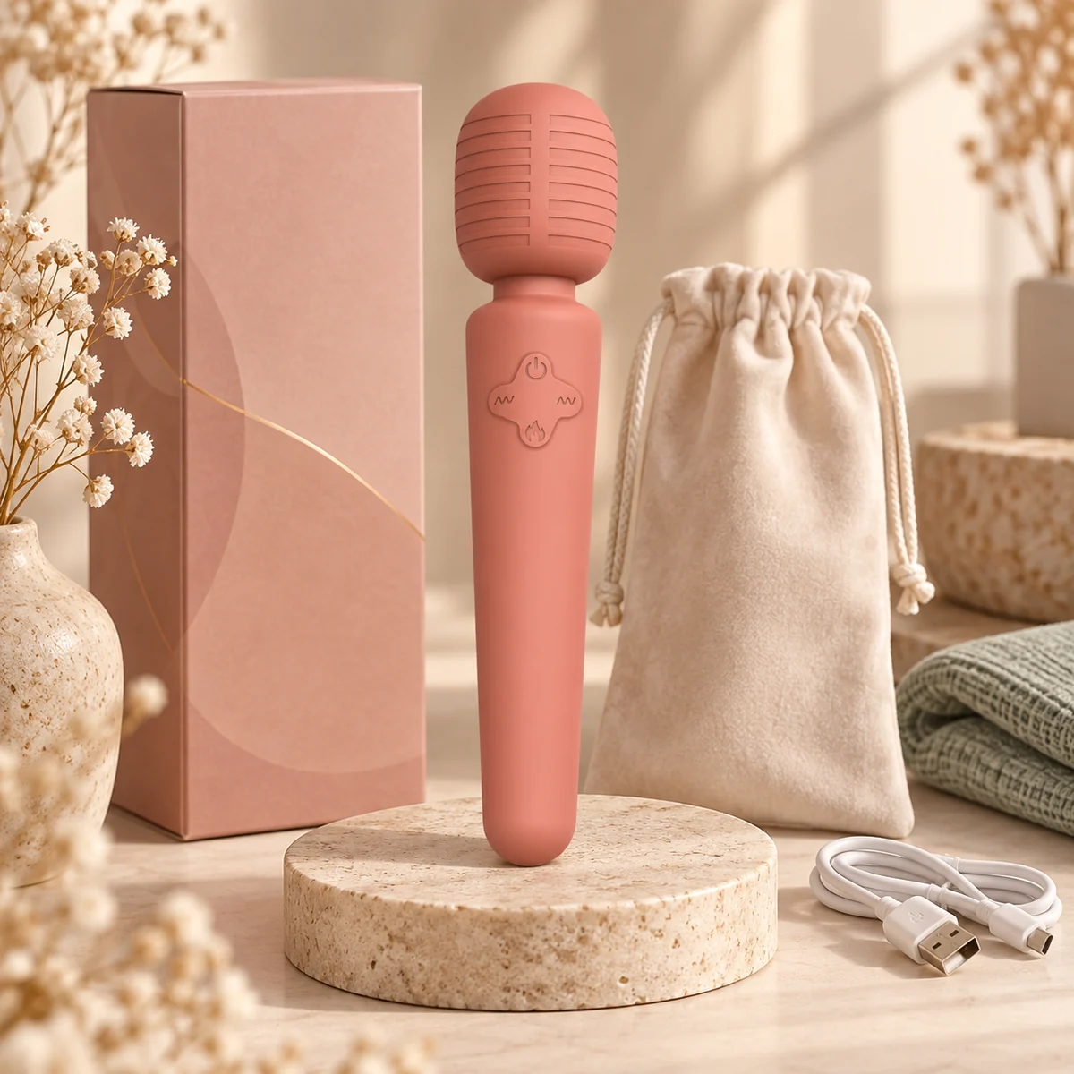 We Wand Rose Ribbed Rechargeable Wand Massager warm premium ecommerce product photo for We Wand