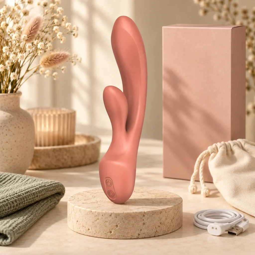 We Wand Rose Curved Rabbit Vibrator warm premium ecommerce product photo for We Wand