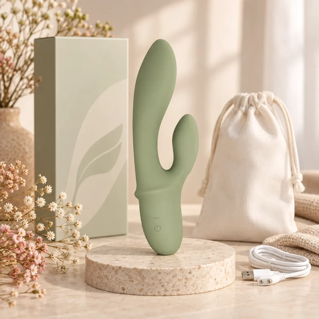 We Wand Sage Curved Rabbit Vibrator warm premium ecommerce product photo for We Wand