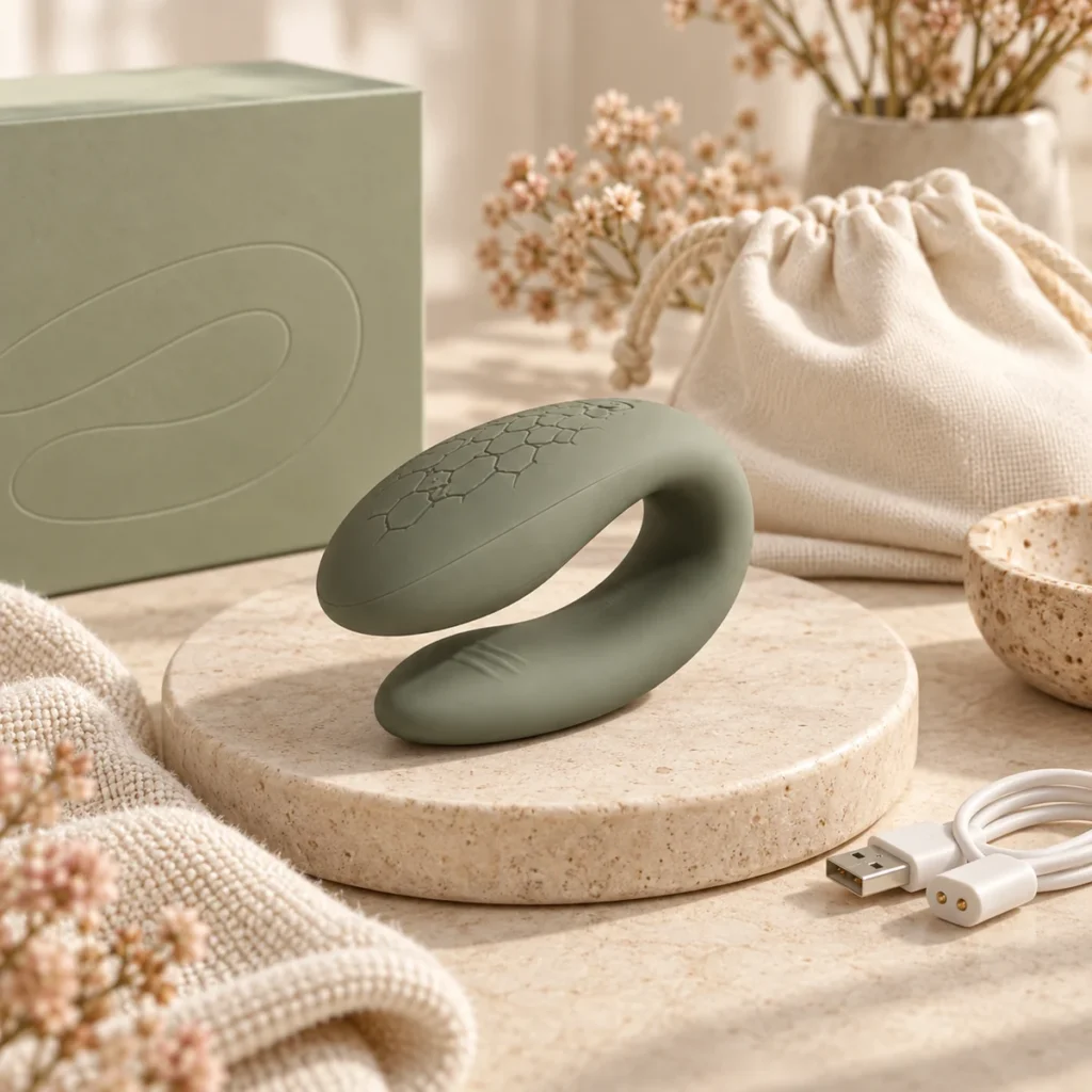 We Wand Sage Wearable Couple Vibrator warm premium ecommerce product photo for We Wand