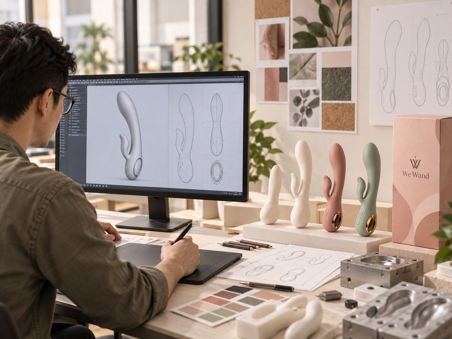 Designer working on a vibrator CAD model beside concept sketches, product prototypes, color swatches and tooling.
