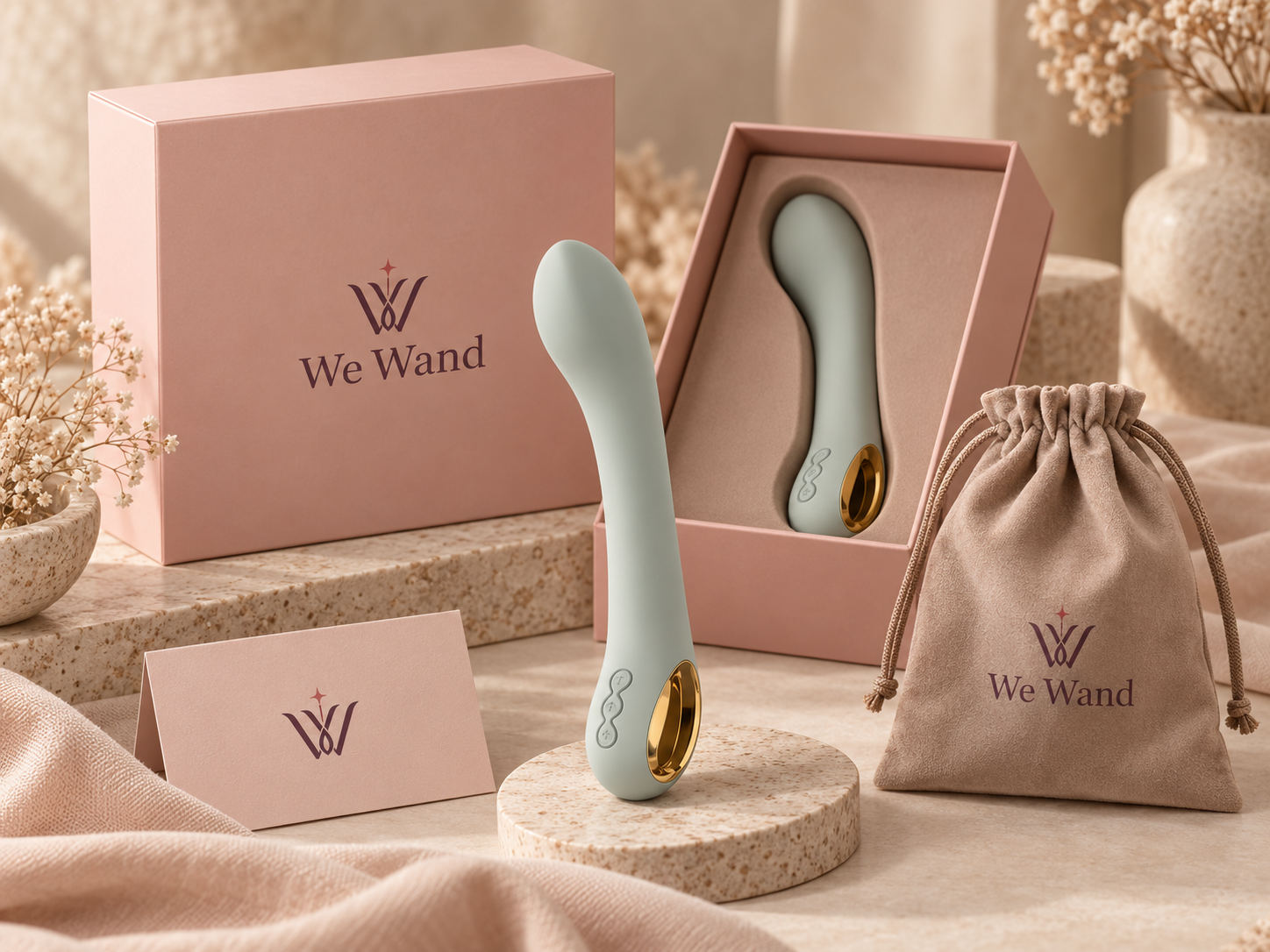 Sage green vibrators with We-Wand branded pink packaging, a logo card and a drawstring storage pouch.