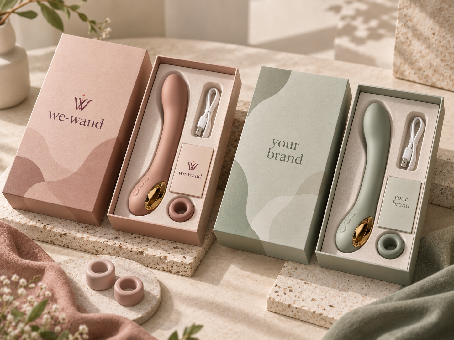 Pink and sage green private label vibrator sets with branded boxes, manuals, charging cables and accessories.