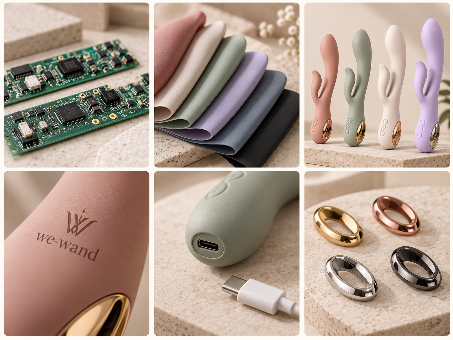 Vibrator customization details showing circuit boards, material swatches, color options, logo, USB-C charging and trim finishes.